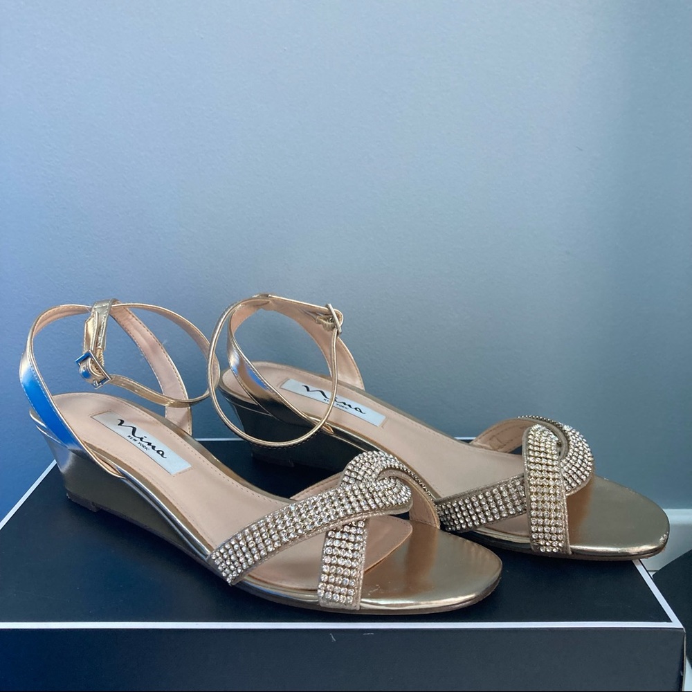 Prom shoes: Nina Soft Gold Metallic Wedge Sandal - Size 7.5